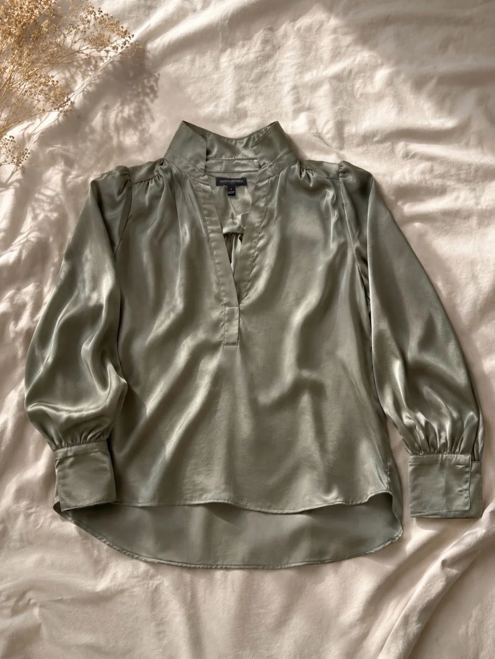 Banana Republic Satin Olive Green V-Neck Blouse